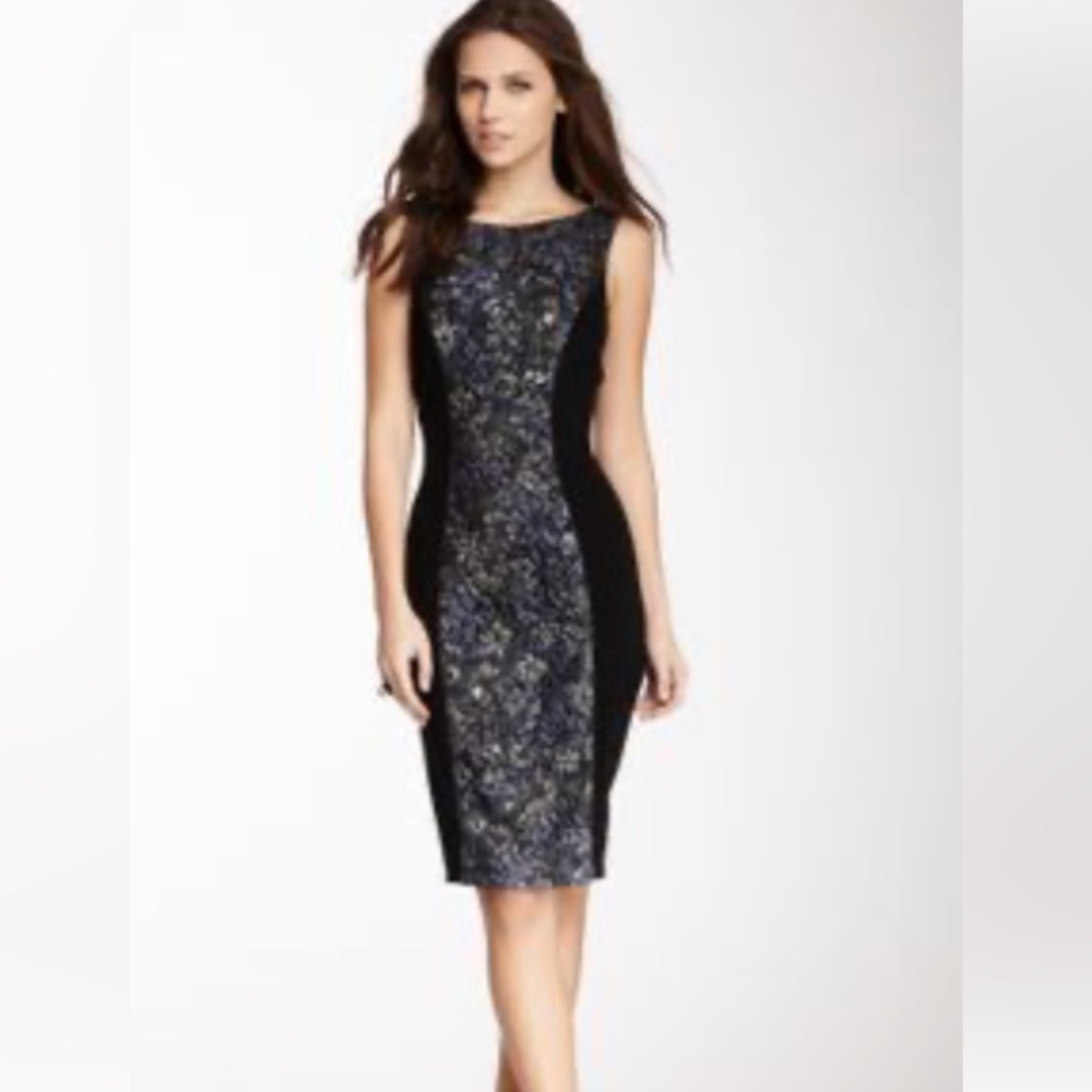 Katherine Barclay little black lace sheath dress